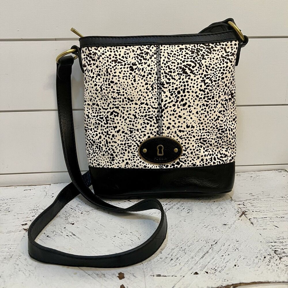Fossil Vintage Reissue Black White Calfhair Black Leather Crossbody Bag Shoulder